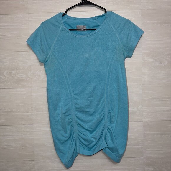 Athleta Ruched Short Sleeve Top Size M Blue Stretch Activewear Workout Shirt - Picture 2 of 6